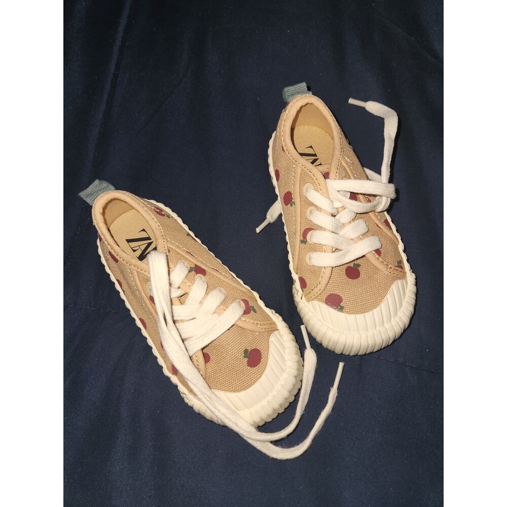 Zara Beige Canvas Sneakers with Red Cherry Print and White Soles